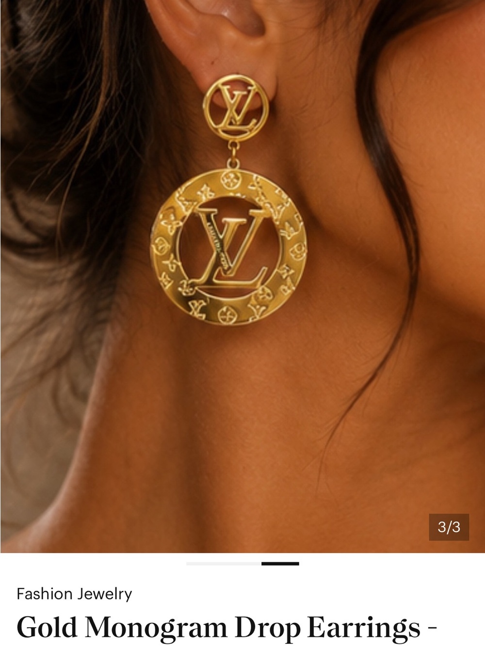 Louis Vuitton Gold LV Monogram Round Drop Earrings - Picture 3 of 3